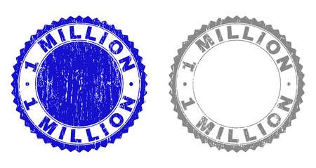 1 MILLION stamp seals with distress texture in blue and grey colors isolated on white background. Vector rubber overlay of 1 MILLION label inside round rosette. Stamp seals with scratched textures.のイラスト素材