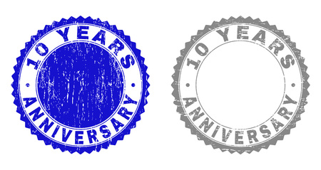 10 YEARS ANNIVERSARY stamp seals with grunge texture in blue and gray colors isolated on white background. Vector rubber imprint of 10 YEARS ANNIVERSARY text inside round rosette.のイラスト素材