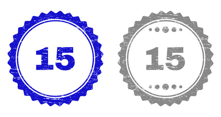 15 stamp seals with grunge texture in blue and gray colors isolated on white background. Vector rubber imitation of 15 label inside round rosette. Stamp seals with grunge textures.のイラスト素材
