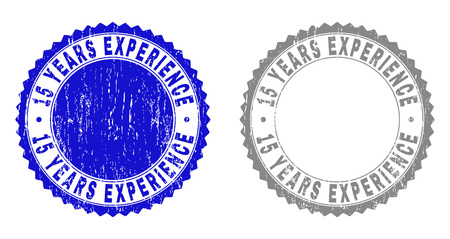 15 YEARS EXPERIENCE stamp seals with grunge texture in blue and grey colors isolated on white background. Vector rubber imprint of 15 YEARS EXPERIENCE tag inside round rosette.のイラスト素材
