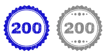 200 stamp seals with grunge texture in blue and gray colors isolated on white background. Vector rubber overlay of 200 tag inside round rosette. Stamp seals with grunge textures.のイラスト素材