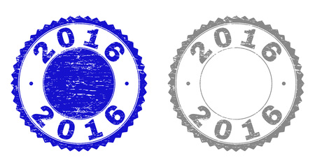 2016 stamp seals with grunge texture in blue and grey colors isolated on white background. Vector rubber imprint of 2016 title inside round rosette. Stamp seals with grunge textures.のイラスト素材