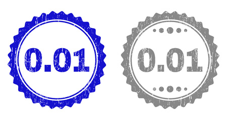 0.01 stamp seals with grunge texture in blue and gray colors isolated on white background. Vector rubber overlay of 0.01 tag inside round rosette. Stamp seals with grunge textures.のイラスト素材