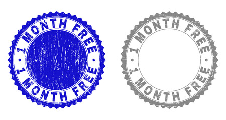 1 MONTH FREE stamp seals with grunge texture in blue and grey colors isolated on white background. Vector rubber watermark of 1 MONTH FREE tag inside round rosette. Stamp seals with grunge textures.のイラスト素材