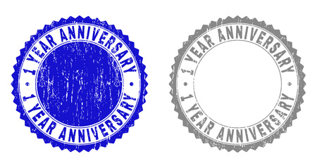 1 YEAR ANNIVERSARY stamp seals with grunge texture in blue and gray colors isolated on white background. Vector rubber imitation of 1 YEAR ANNIVERSARY text inside round rosette.のイラスト素材