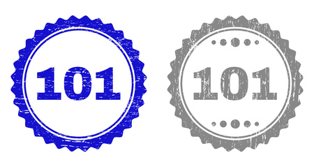 101 stamp seals with grunge texture in blue and grey colors isolated on white background. Vector rubber watermark of 101 tag inside round rosette. Stamp seals with grunge textures.のイラスト素材