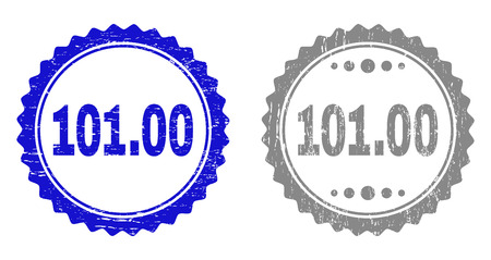 101.00 stamp seals with distress texture in blue and grey colors isolated on white background. Vector rubber imprint of 101.00 title inside round rosette. Stamp seals with retro textures.のイラスト素材