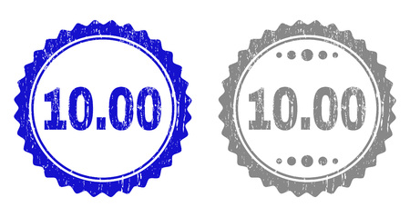 10.00 stamp seals with grunge texture in blue and grey colors isolated on white background. Vector rubber imitation of 10.00 label inside round rosette. Stamp seals with grunge styles.のイラスト素材