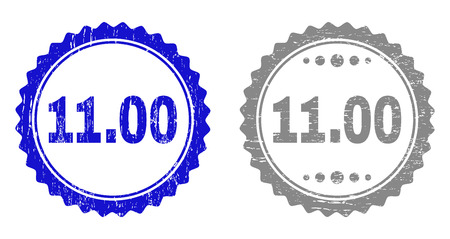 11.00 stamp seals with grunge texture in blue and grey colors isolated on white background. Vector rubber overlay of 11.00 caption inside round rosette. Stamp seals with scratched textures.のイラスト素材