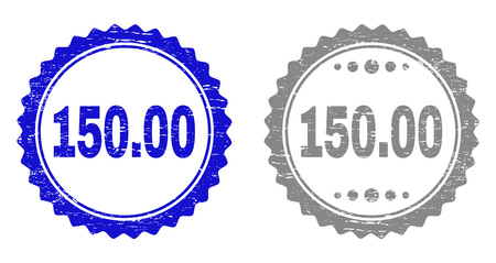150.00 stamp seals with grunge texture in blue and grey colors isolated on white background. Vector rubber watermark of 150.00 title inside round rosette. Stamp seals with grunge styles.のイラスト素材