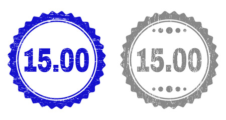 15.00 stamp seals with grunge texture in blue and grey colors isolated on white background. Vector rubber imprint of 15.00 text inside round rosette. Stamp seals with corroded textures.のイラスト素材