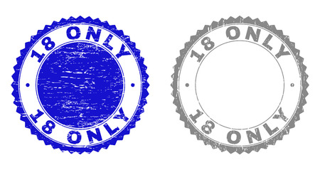 18 ONLY stamp seals with distress texture in blue and grey colors isolated on white background. Vector rubber overlay of 18 ONLY label inside round rosette. Stamp seals with scratched textures.のイラスト素材