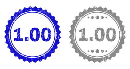 1.00 stamp seals with distress texture in blue and gray colors isolated on white background. Vector rubber watermark of 1.00 title inside round rosette. Stamp seals with dirty styles.のイラスト素材