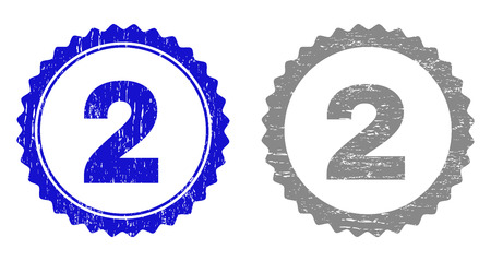 2 stamp seals with grunge texture in blue and grey colors isolated on white background. Vector rubber imprint of 2 text inside round rosette. Stamp seals with grunge textures.のイラスト素材