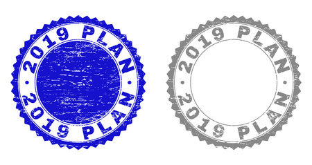 2019 PLAN stamp seals with grunge texture in blue and grey colors isolated on white background. Vector rubber imitation of 2019 PLAN caption inside round rosette. Stamp seals with grunge textures.のイラスト素材
