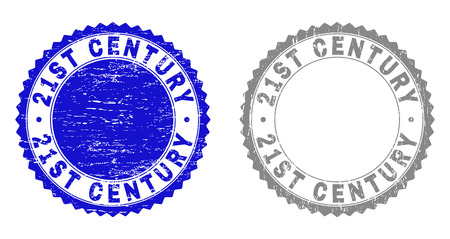 21ST CENTURY stamp seals with distress texture in blue and gray colors isolated on white background. Vector rubber imprint of 21ST CENTURY title inside round rosette. Stamp seals with dirty textures.のイラスト素材