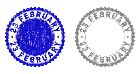 23 FEBRUARY stamp seals with distress texture in blue and gray colors isolated on white background. Vector rubber overlay of 23 FEBRUARY tag inside round rosette. Stamp seals with scratched textures.のイラスト素材