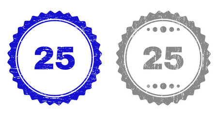 25 stamp seals with grunge texture in blue and gray colors isolated on white background. Vector rubber watermark of 25 text inside round rosette. Stamp seals with corroded styles.のイラスト素材