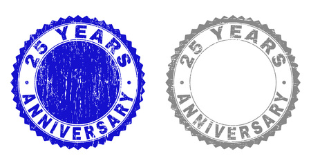 25 YEARS ANNIVERSARY stamp seals with grunge texture in blue and grey colors isolated on white background. Vector rubber watermark of 25 YEARS ANNIVERSARY caption inside round rosette.のイラスト素材