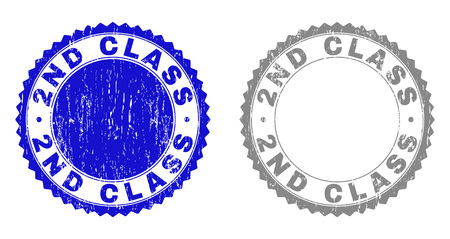 2ND CLASS stamp seals with distress texture in blue and grey colors isolated on white background. Vector rubber watermark of 2ND CLASS text inside round rosette. Stamp seals with unclean styles.のイラスト素材