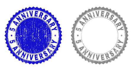 5 ANNIVERSARY stamp seals with grunge texture in blue and gray colors isolated on white background. Vector rubber watermark of 5 ANNIVERSARY caption inside round rosette.のイラスト素材
