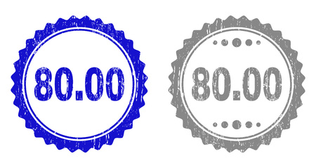 80.00 stamp seals with distress texture in blue and grey colors isolated on white background. Vector rubber watermark of 80.00 title inside round rosette. Stamp seals with dirty textures.のイラスト素材
