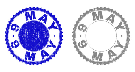 9 MAY stamp seals with grunge texture in blue and gray colors isolated on white background. Vector rubber overlay of 9 MAY text inside round rosette. Stamp seals with retro styles.のイラスト素材