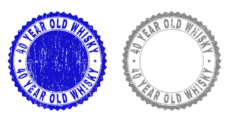40 YEAR OLD WHISKY stamp seals with grunge texture in blue and grey colors isolated on white background. Vector rubber imprint of 40 YEAR OLD WHISKY text inside round rosette.のイラスト素材