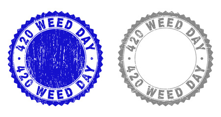 420 WEED DAY stamp seals with grunge texture in blue and grey colors isolated on white background. Vector rubber overlay of 420 WEED DAY text inside round rosette. Stamp seals with grunge styles.のイラスト素材