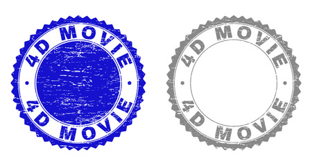 4D MOVIE stamp seals with grunge texture in blue and grey colors isolated on white background. Vector rubber watermark of 4D MOVIE text inside round rosette. Stamp seals with grunge styles.のイラスト素材