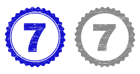 7 stamp seals with grunge texture in blue and gray colors isolated on white background. Vector rubber overlay of 7 title inside round rosette. Stamp seals with grunge textures.のイラスト素材