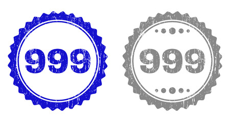 999 stamp seals with distress texture in blue and grey colors isolated on white background. Vector rubber watermark of 999 title inside round rosette. Stamp seals with dust styles.のイラスト素材