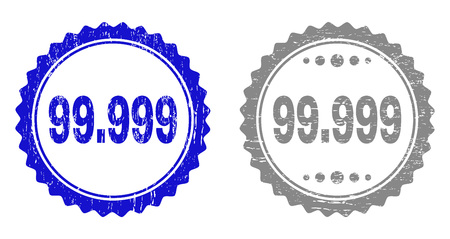99.999 stamp seals with distress texture in blue and grey colors isolated on white background. Vector rubber watermark of 99.999 tag inside round rosette. Stamp seals with grunge textures.のイラスト素材