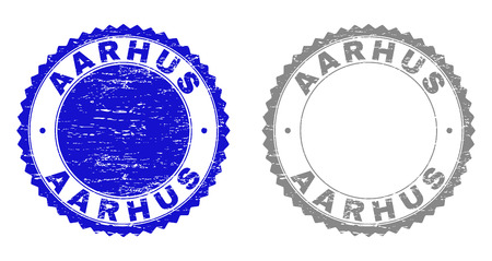 AARHUS stamp seals with distress texture in blue and gray colors isolated on white background. Vector rubber imprint of AARHUS tag inside round rosette. Stamp seals with scratched styles.のイラスト素材