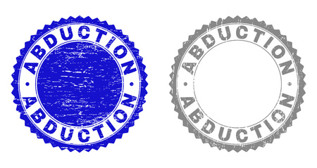 ABDUCTION stamps with grunge texture in blue and gray colors isolated on white background. Vector rubber overlay of ABDUCTION text inside round rosette. Stamp seals with retro textures.のイラスト素材