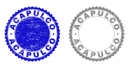 ACAPULCO stamp seals with grunge texture in blue and gray colors isolated on white background. Vector rubber watermark of ACAPULCO label inside round rosette. Stamp seals with dirty styles.のイラスト素材
