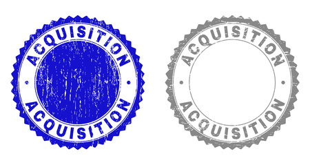ACQUISITION stamp seals with grunge texture in blue and grey colors isolated on white background. Vector rubber imitation of ACQUISITION text inside round rosette. Stamp seals with dirty textures.のイラスト素材