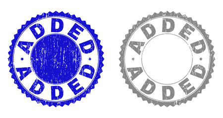 ADDED stamp seals with distress texture in blue and gray colors isolated on white background. Vector rubber imprint of ADDED label inside round rosette. Stamp seals with grunge textures.のイラスト素材
