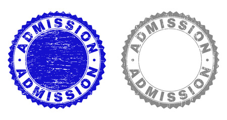 ADMISSION stamp seals with distress texture in blue and grey colors isolated on white background. Vector rubber imprint of ADMISSION tag inside round rosette. Stamp seals with dirty textures.のイラスト素材