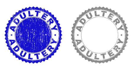 ADULTERY stamp seals with grunge texture in blue and gray colors isolated on white background. Vector rubber imprint of ADULTERY label inside round rosette. Stamp seals with unclean styles.のイラスト素材