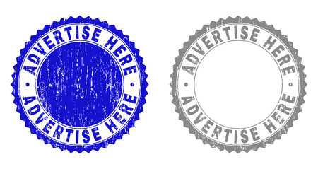 ADVERTISE HERE stamp seals with distress texture in blue and grey colors isolated on white background. Vector rubber imprint of ADVERTISE HERE text inside round rosette.のイラスト素材