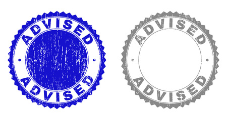 ADVISED stamp seals with distress texture in blue and grey colors isolated on white background. Vector rubber imprint of ADVISED tag inside round rosette. Stamp seals with retro styles.のイラスト素材