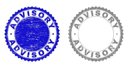 ADVISORY stamp seals with distress texture in blue and gray colors isolated on white background. Vector rubber overlay of ADVISORY caption inside round rosette. Stamp seals with grunge styles.のイラスト素材