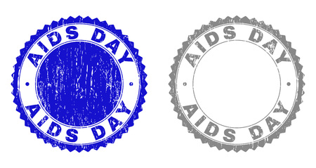 AIDS DAY stamp seals with distress texture in blue and gray colors isolated on white background. Vector rubber overlay of AIDS DAY label inside round rosette. Stamp seals with dust textures.のイラスト素材