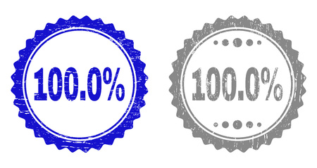 100.0% stamp seals with distress texture in blue and grey colors isolated on white background. Vector rubber overlay of 100.0% title inside round rosette. Stamp seals with grunge styles.のイラスト素材