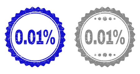 0.01% stamp seals with grunge texture in blue and grey colors isolated on white background. Vector rubber imitation of 0.01% label inside round rosette. Stamp seals with grunge textures.のイラスト素材