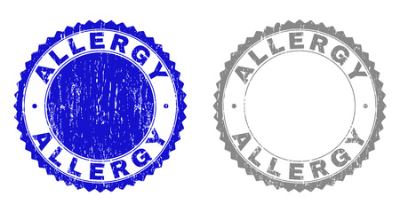 ALLERGY stamp seals with distress texture in blue and gray colors isolated on white background. Vector rubber overlay of ALLERGY title inside round rosette. Stamp seals with dust textures.のイラスト素材