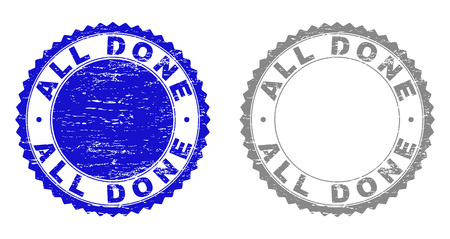 ALL DONE stamp seals with distress texture in blue and grey colors isolated on white background. Vector rubber imitation of ALL DONE title inside round rosette. Stamp seals with corroded textures.のイラスト素材