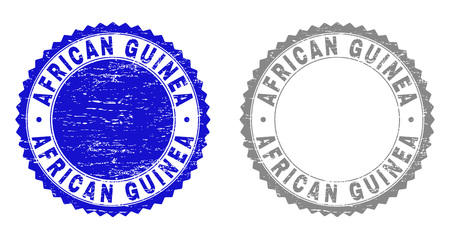 AFRICAN GUINEA stamp seals with distress texture in blue and grey colors isolated on white background. Vector rubber watermark of AFRICAN GUINEA label inside round rosette.のイラスト素材