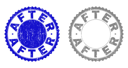 AFTER stamp seals with grunge texture in blue and gray colors isolated on white background. Vector rubber imitation of AFTER tag inside round rosette. Stamp seals with grunge textures.のイラスト素材